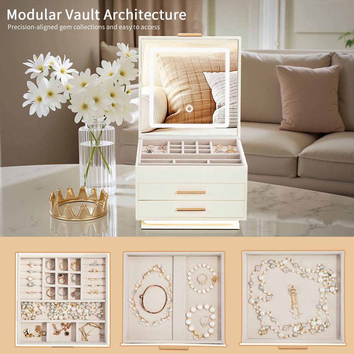 Ebern Designs FCH With Tri-Color Mirror Light 2 Drawers Bottom With ...