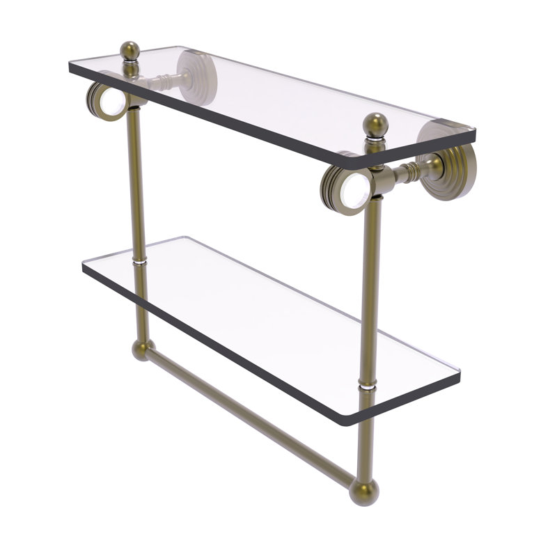 Jarrell 2 Piece Glass Tiered Shelf with Towel Bar, 13" H x 16" W x 5.12" D, Antique Brass
