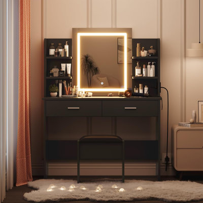 55.9''H Vanity Desk With Lighted Mirror, Makeup Vanity Set With Power Outlet, 6 Storage Shelves, 2 Large Drawers And 3 Colour Light Adjustable Brightness