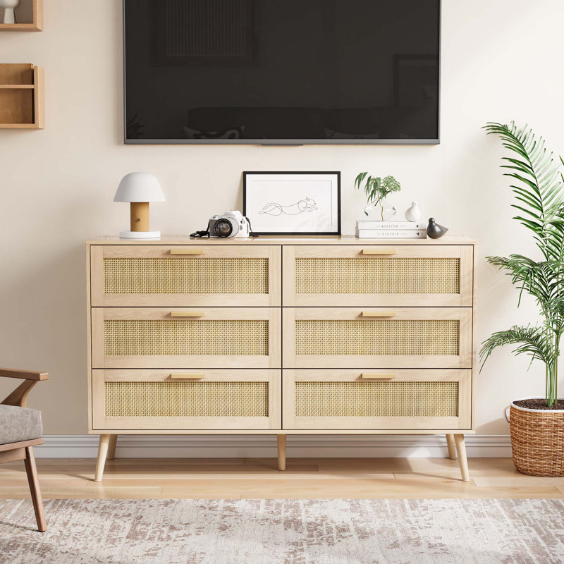 Console en bois avec 6 tiroirs, bois, Bois naturel