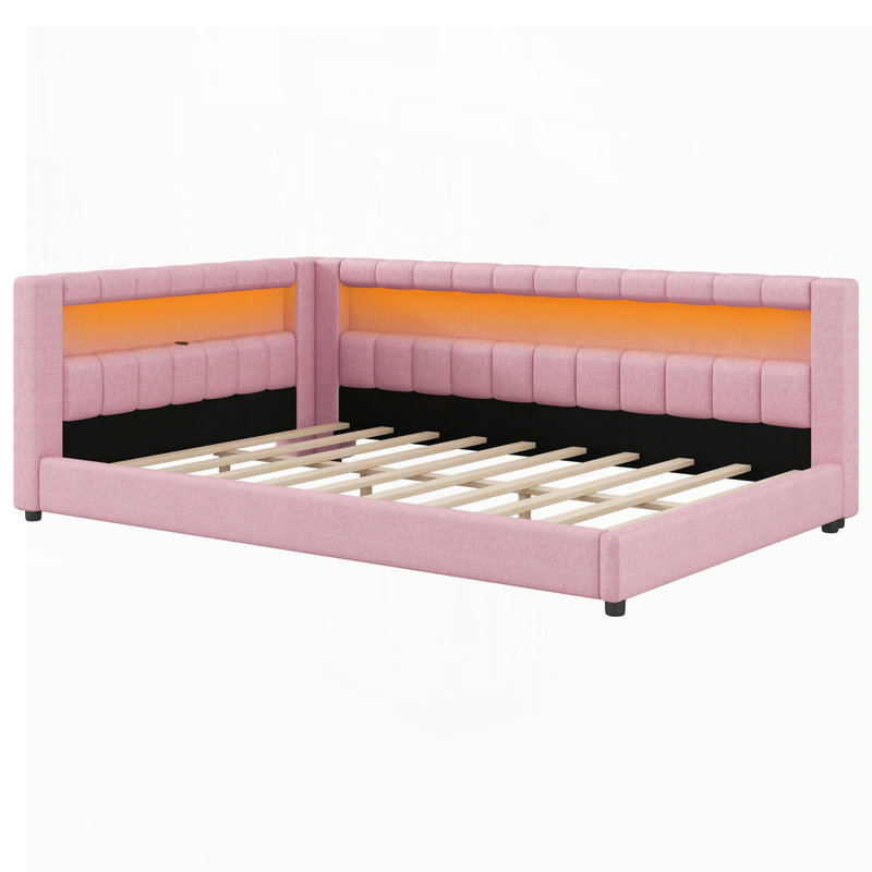 Lit plateforme tapissier double très grand avec ports USB et ceinture à DEL, Full XL, Pink