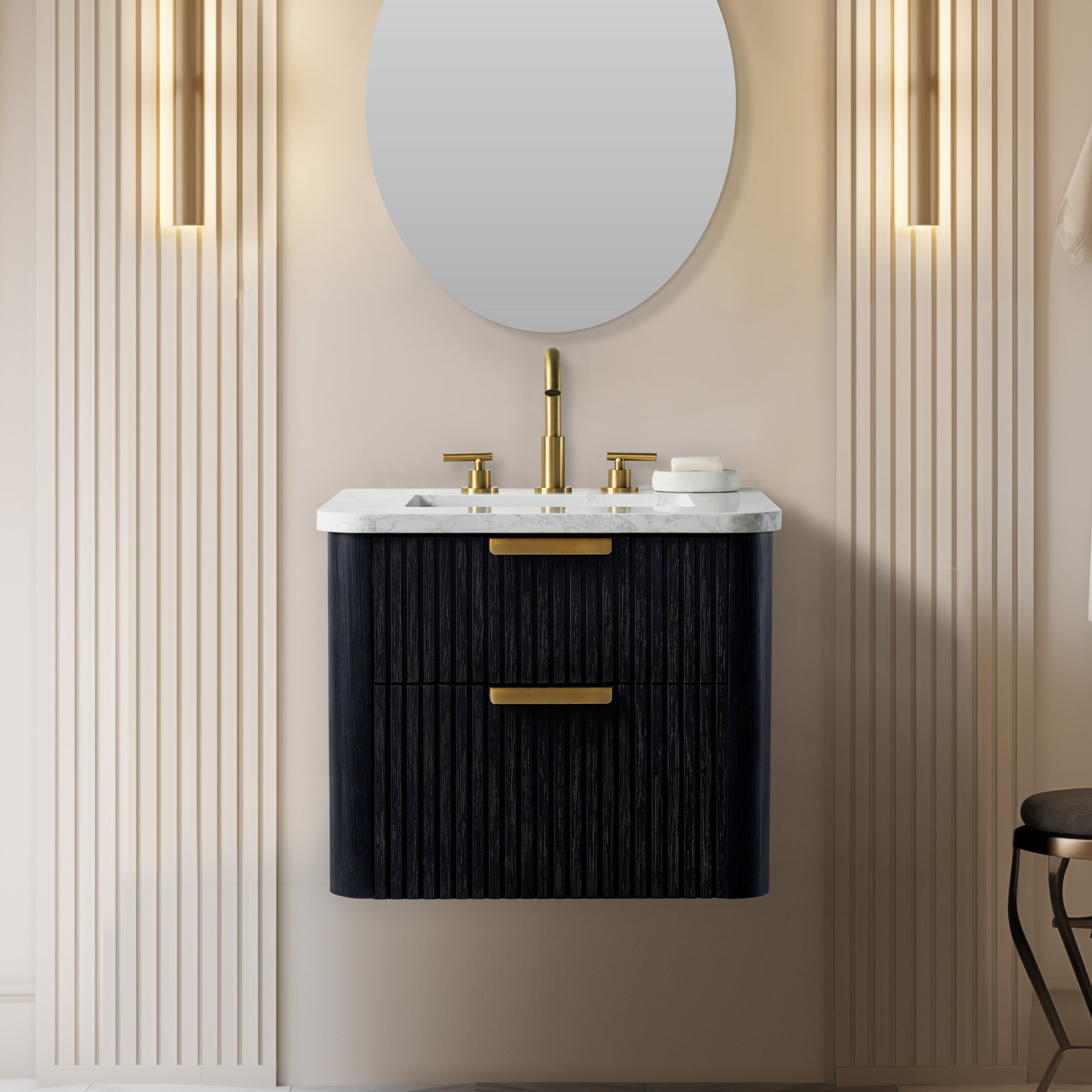 Liljan 24'' Wall-Mounted Single Bathroom Vanity with Engineered Stone Top, Black Oak/Brushed Bronze