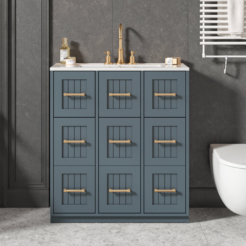 Meuble-lavabo 30 po avec lavabo encastré, Bleu / doré