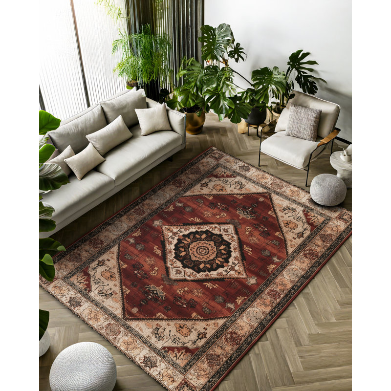 Minasas Collection Digital Print Cotton-Polyester Beige Brown Burgundy Moroccan Rug, Round 5'3"
