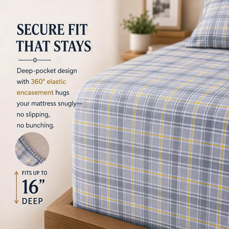 RUVANTI 100% Cotton Flannel Sheets Twin Size 16 inch Deep Pocket, 3 PCs Set, Ethereal Meadow, Queen, Everytime Plaid