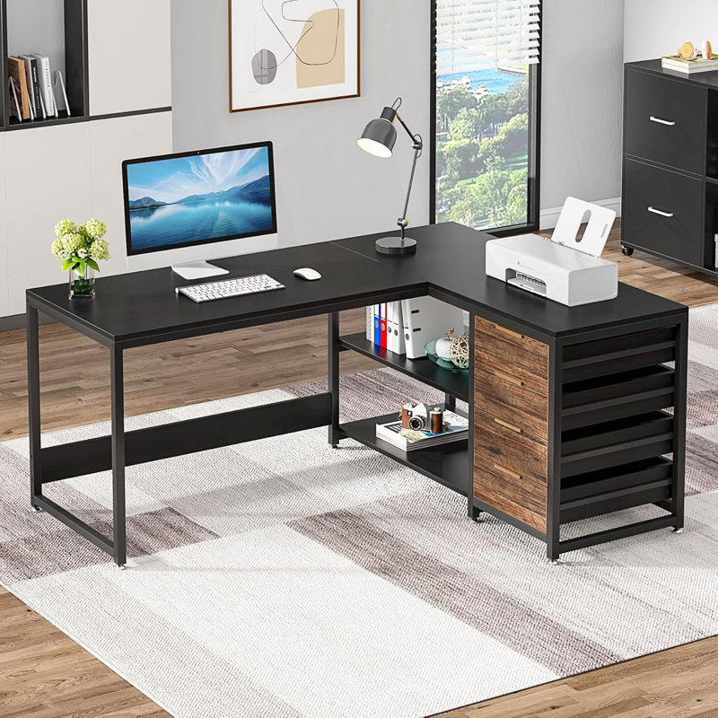 Bureau d'ordinateur en L avec tiroirs et tablettes de rangement, poste de travail de coin réversible