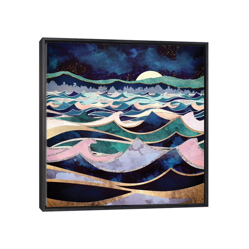 Océan au clair de lune - imprimé, Pas de tapis, H 37 po x l 37 po x P 1,5 po, Cadre flottant noir patiné
