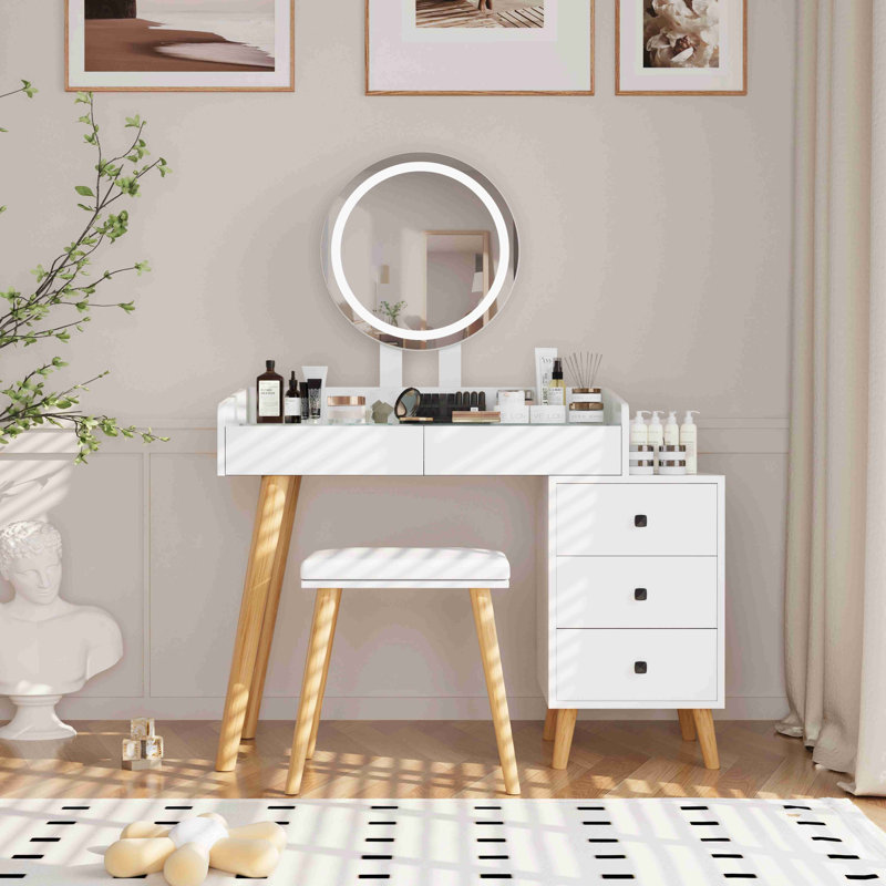 Dressing Table With LED Lights Glass Top Dressing Table With Extendable Side Table 5 Drawers Dressing Table With Mirror And Stool For Bedroom