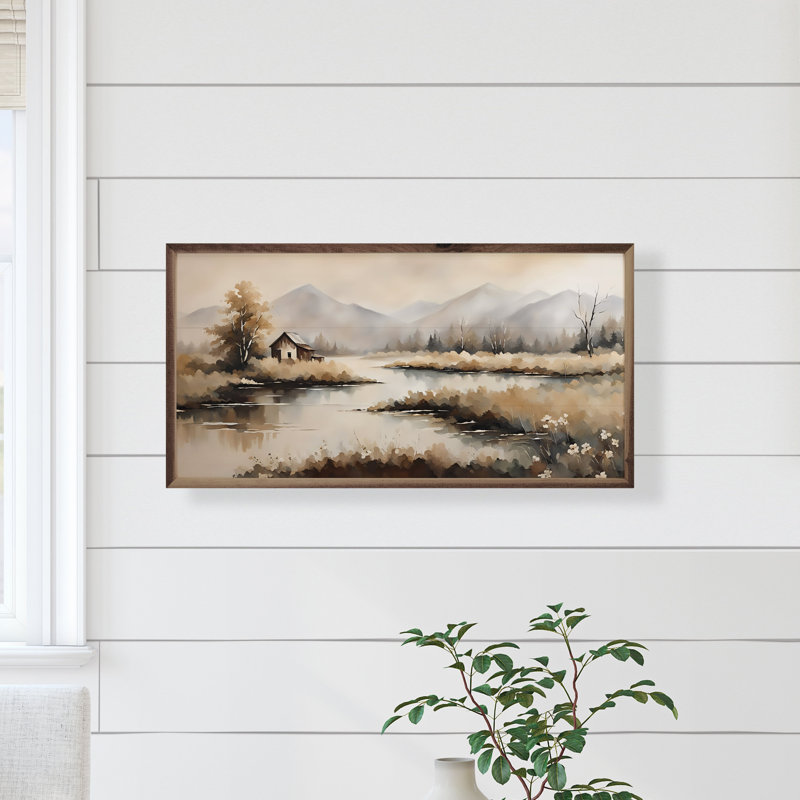 Creek With Cabin, 12" H x 24" W