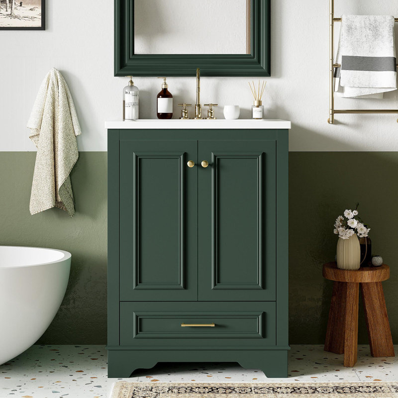 Meuble-lavabo 24 po avec lavabo en céramique, armoire de rangement autoportante moderne avec poignées argentées, portes à fermeture douce