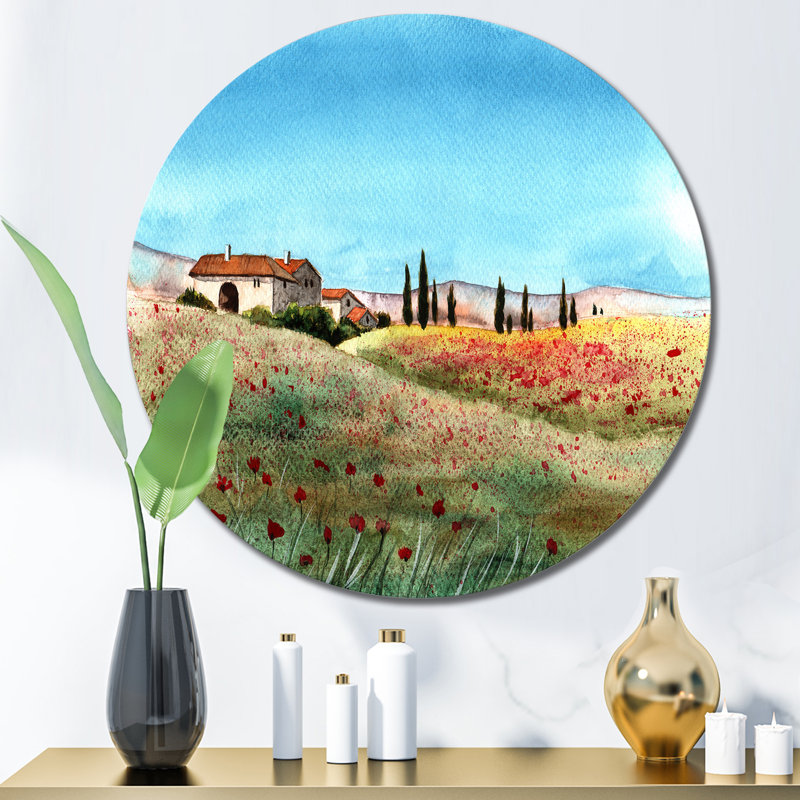 «A Tuscany Landscape With Distant Villa», art mural circulaire en métal champêtre, H 11 po x l 11 po