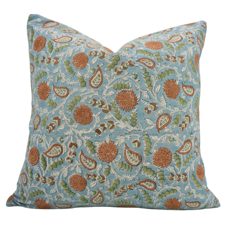Coussins décoratifs faits à la main 16 x 16 pouces Boho, H 16 po x l 16 po, Carrée, Motif floral bleu / orange