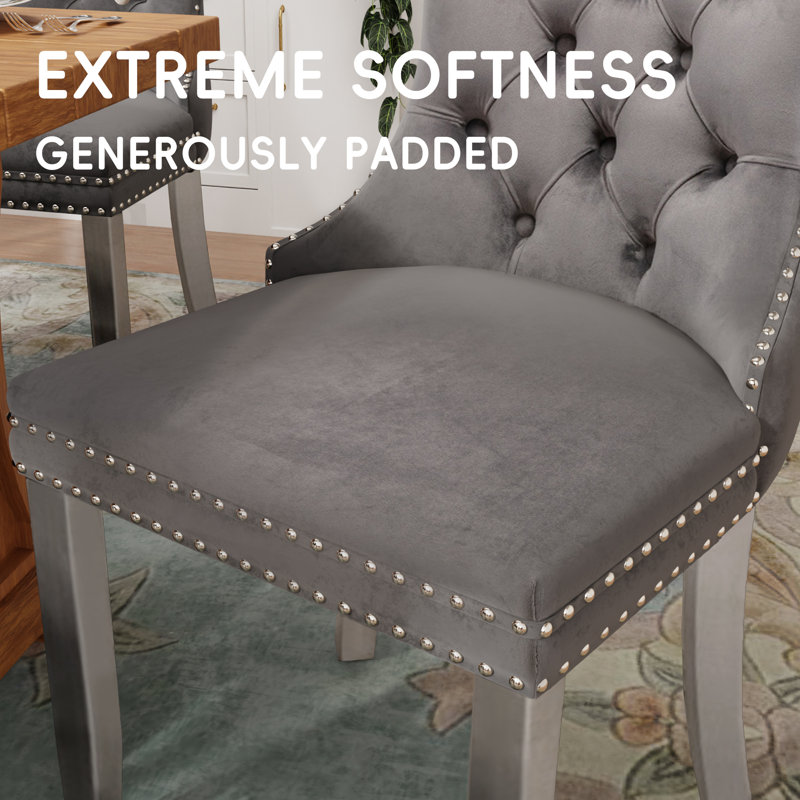  Modern Metal Nailheads Velvet Upholstered Dining Chairs (Set of 6), Gray, Silver