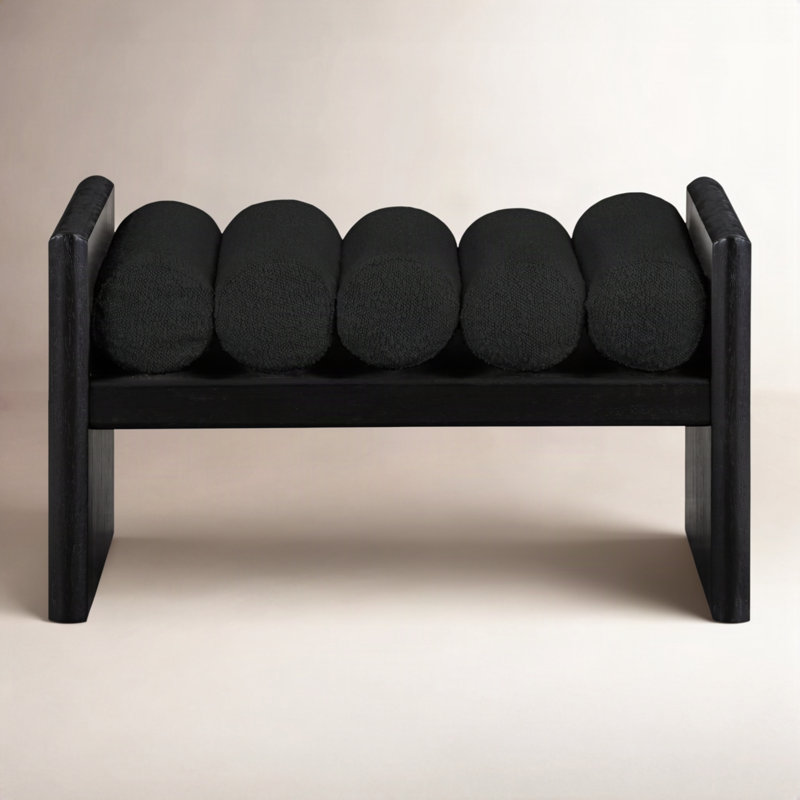 Banc en bois Boucle, H 18 po x l 32 po x P 19 po, Tissu noir bouclé / finition noire