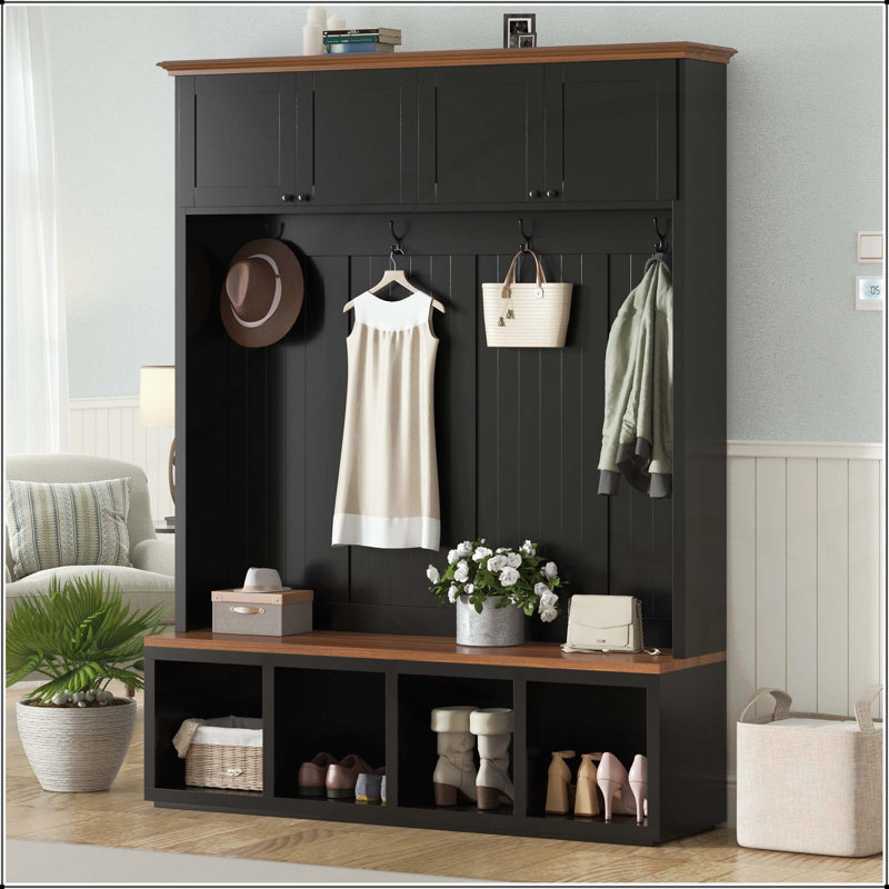 4-in-1 Farmhouse Hall Tree with Cabinets, Open Cubbies, and Wood Grain Bench, Black