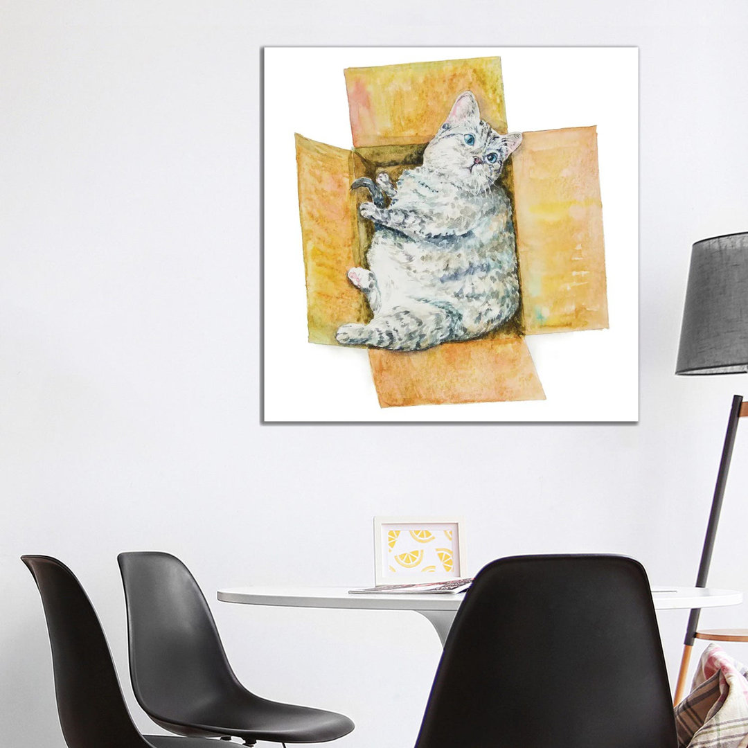 Fat Cat In The Box by Alexey Dmitrievich Shmyrov - Wrapped Canvas Print