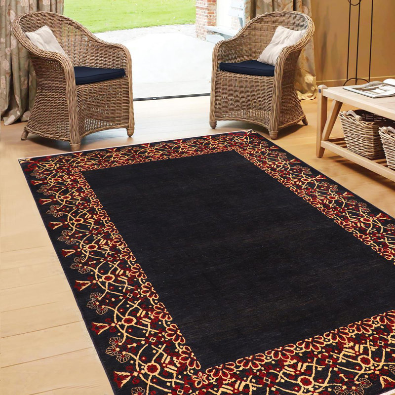 Tapis oriental noir / jaune / rouge en laine noué à la main 8 pi 3 po x 9 pi 10 po Bahily