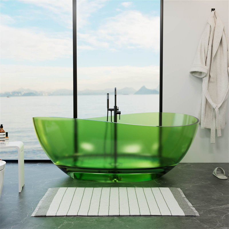 63"Artful Wavy Curve Resin Tub, Gray Transparent Egg Shape Freestanding Soaking Bathtub with Drain, Green