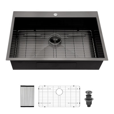 Évier de cuisine encastré 30 po - Évier de cuisine à cuve simple en acier inoxydable de calibre 18 noir Topmount
