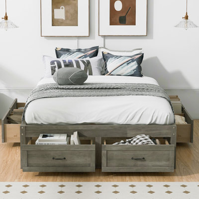Lit plateforme double avec 6 tiroirs de rangement, gris antique, lit plateforme avec rangement peu encombrant