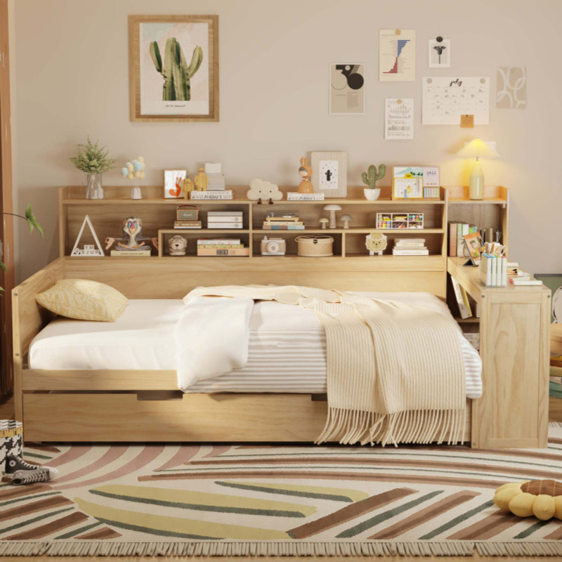Wooden Daybed With Storage Shelves, Multi-Functional Bed With Trundle Bed And  Study Desk