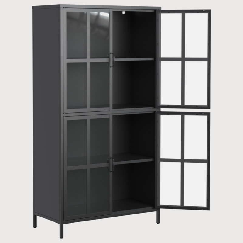 Brandol Metal Storage Cabinet with Tempered Glass Doors, Adjustable Shelves and Anti-Tipping Device, Black