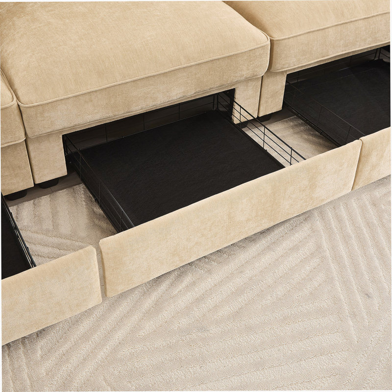 Canapé à assise profonde en U avec repose-pieds 3 places avec repose-pieds, canapé 3 places avec 2 repose-pieds mobiles, canapé modulaire surdimensionné avec tiroir de rangement sous chaque siège, chenille