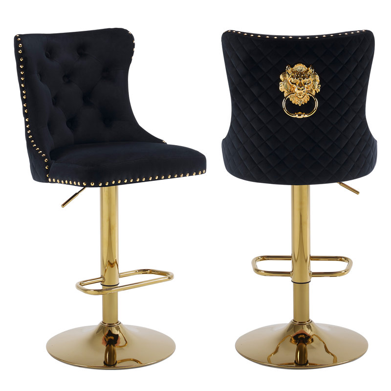 Swivel Upholstered Adjustable Height Counter Stool with Metal Frame, Black, Gold