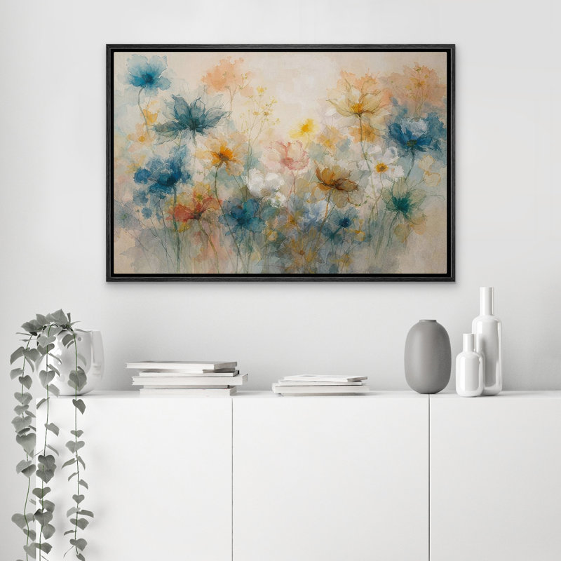 «Soft Pastel Wildflower Garden Abstract Floral Wall Art Decor», reproduction d'art sur toile tendue, H 24 po x l 36 po, Noir