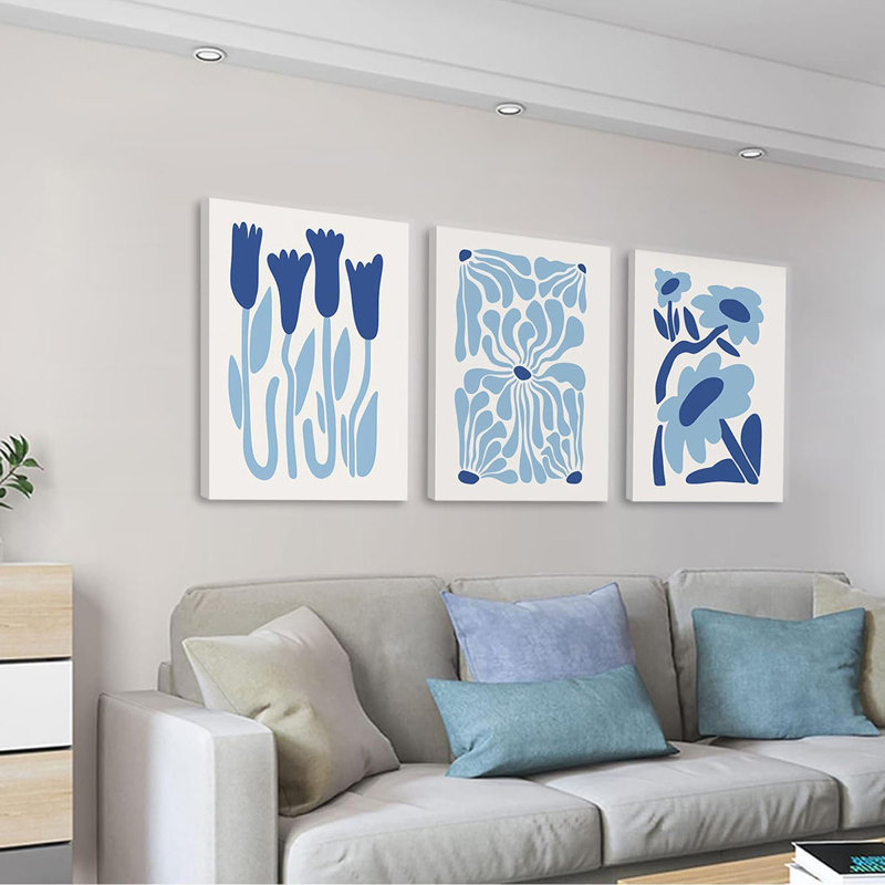 Blue Wall Decor,Blue Abstract Wall Art,Framed Light Blue Floral Canvas Prints Flower Poster Picture Painting Aesthetic Set Of 3 For Living Room Bedroom Teen Room