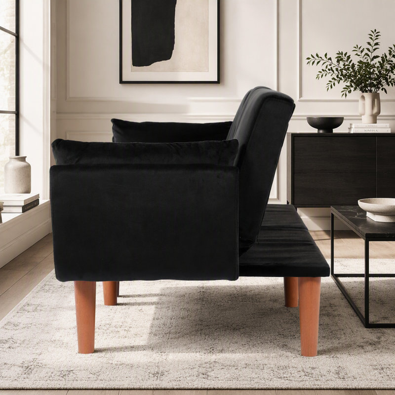 Canapé-lit double pliable noir 72 po, revêtement en velours doux, canapé confortable pour 2 personnes
