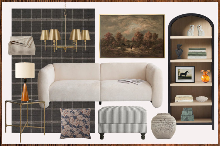 modern heritage design mood board showing a white modern sofa a mossy gree plaid area rug a modern bookcase with a mix of modern and traditional vintage-style decor a brass end table and modern table lamp a traditional brass chandelier and a blue and white striped ottoman