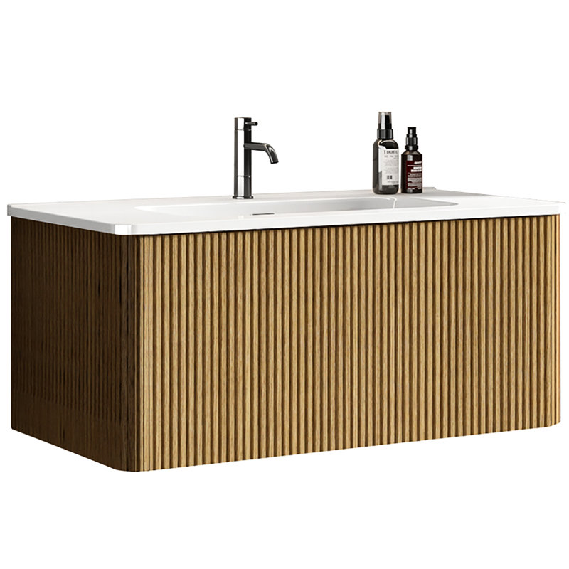 Meuble-lavabo rayé en chêne naturel 36 po, fixé au mur, pré-assemblé, lavabo en céramique blanche, quincaillerie, tiroir moderne à ouverture par pression, film d'extrémité, bords arrondis
