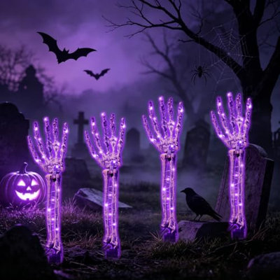 Décorations d'Halloween extérieures, ensemble de 4 bras de squelette lumineux solaires, 120 DEL violettes et vertes avec télécommande et 8 modes d'éclairage, guirlande lumineuse pour décorer les jardins et les pelouses lors des fêtes d'Halloween.