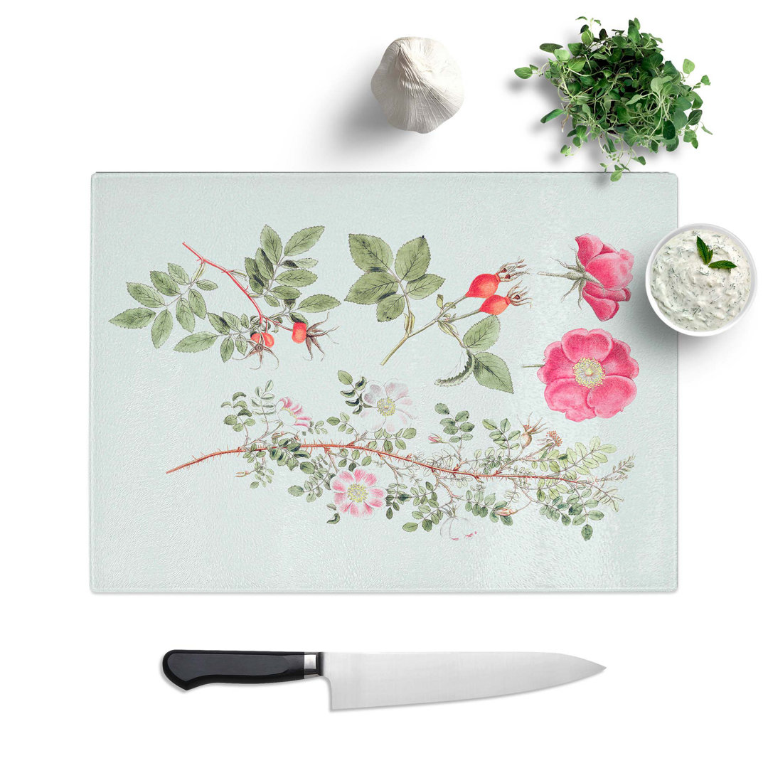 Tempered Glass Burnet Rose Flower Illustration Chopping Board