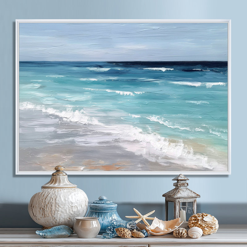 «Blue and White Coastal Beach Wonder», reproduction d'art sur toile, bord de mer blanc, H 34 po x l 44 po, Cadre flottant