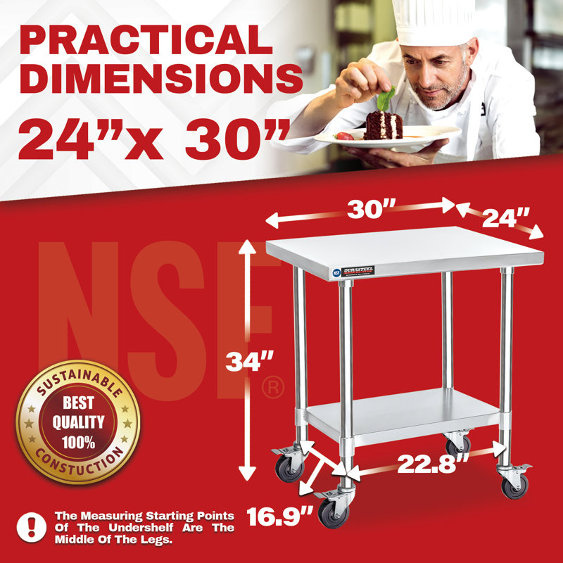 Chariot de table mobile en acier inoxydable avec tablette réglable - Certifié NSF, H 34 po x l 30 po x P 24 po