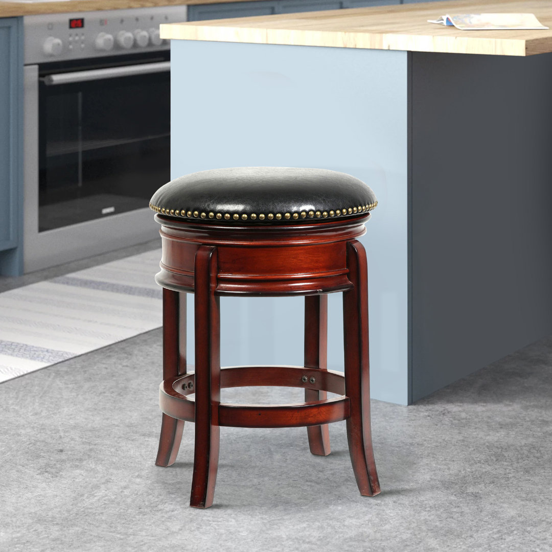 Sabi 24 inch Swivel Counter Stool, Solid Wood, Faux Leather Benjara