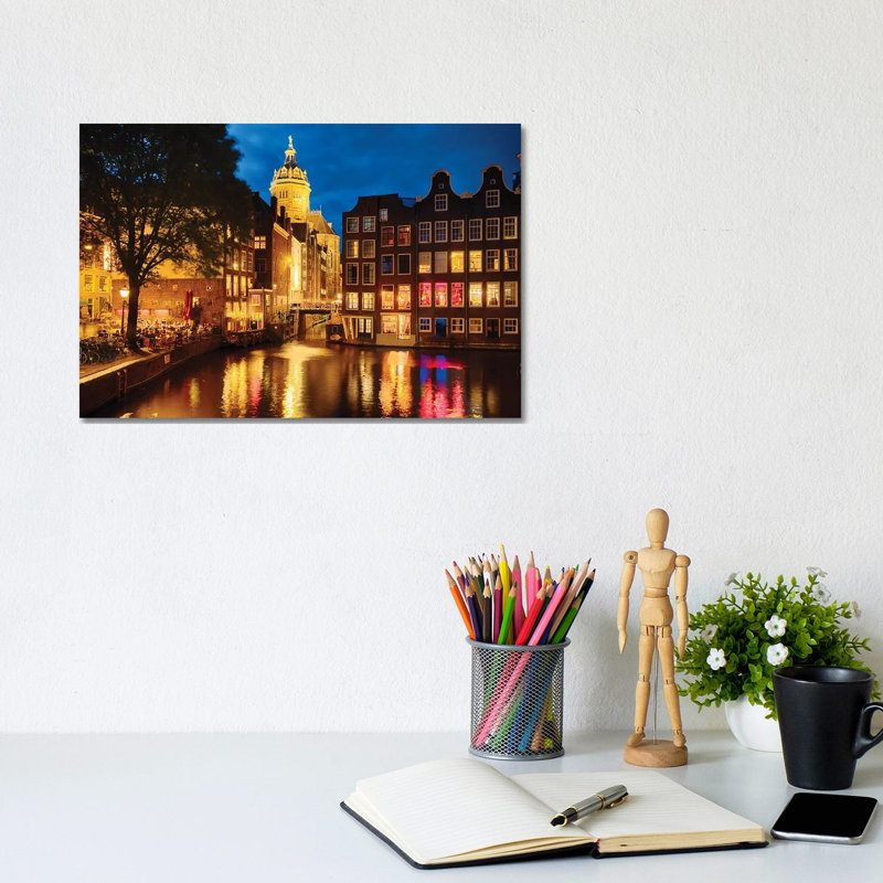 Night in Amsredam with Illuminated Buildings, Netherlands 1 Piece Wrapped Canvas Painting, 20.32 cm H x 30.48 cm W