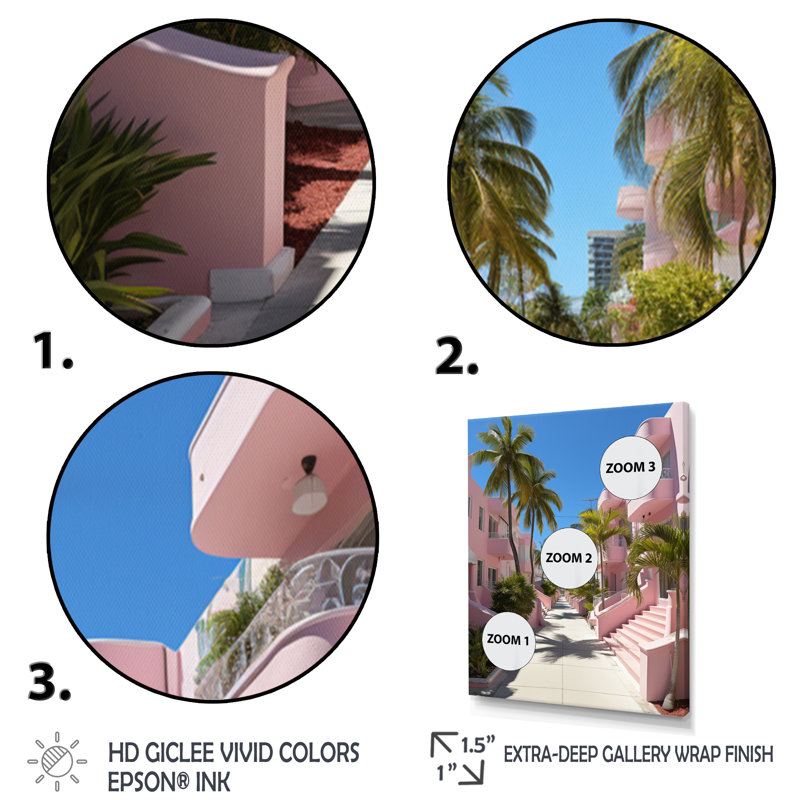 Calarco Miami Pink House I, reproduction d'art sur toile, H 40 po x l 30 po x P 1,5 po, Cadre flottant noir