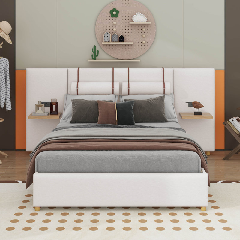 Grand lit plateforme tapissier avec ports de charge USB, Beige