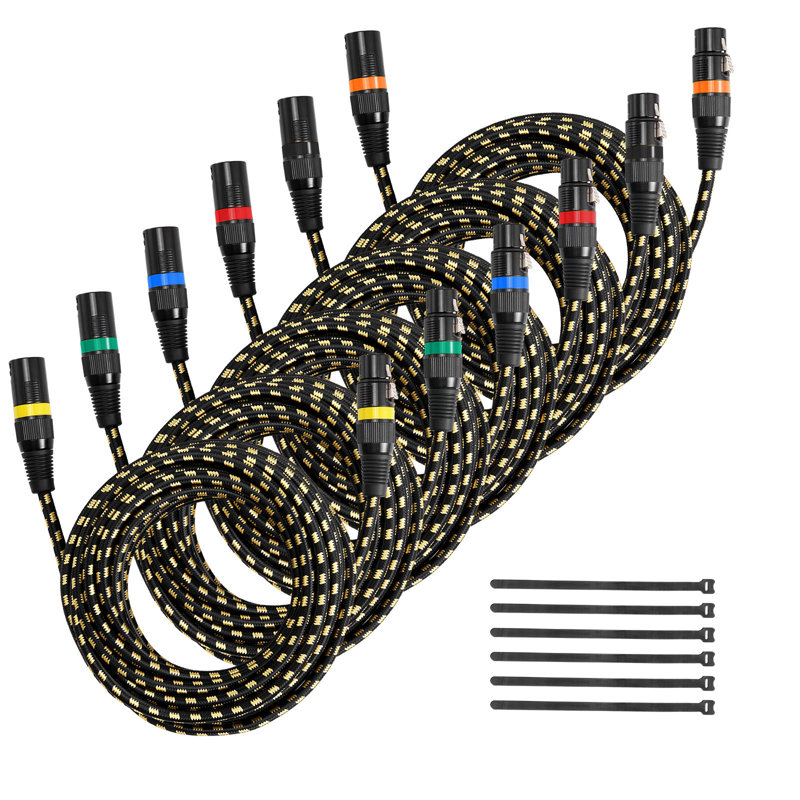Câble XLR 25 pi, paquet de 6, câbles de microphone mâle à femelle symétriques et symétriques, fils de haut-parleur de micro XLR à 3 broches plaqués or, pour éclairage de scène, micros, amplificateur, mélangeur, systèmes de haut-parleurs