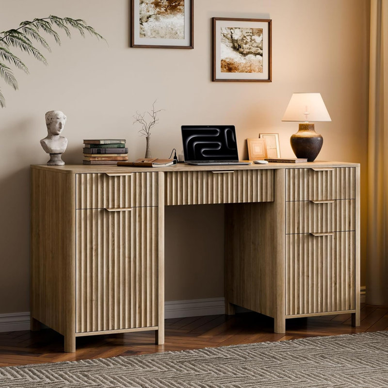 Bureaux de 58 pouces avec bureau cannelé avec rangement, bureau d'ordinateur de bureau moderne avec 5 tiroirs et armoire, tiroir à dossiers en bois pour bureau, chambre à coucher, bureau, salon