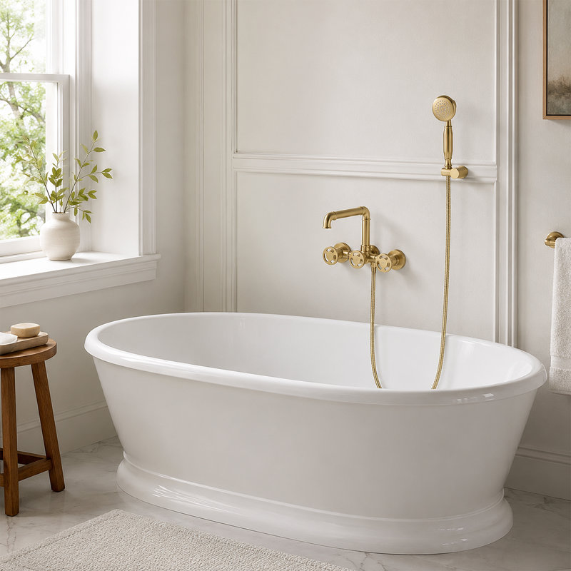 3 Handle Wall Clawfoot Tub Faucet with Diverter, Brushed Gold
