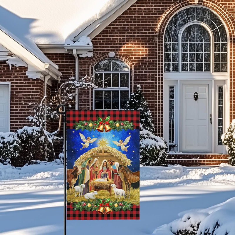 Drapeau de jardin « Joyeux Noël » 30 x 45 cm, double face, motif Nativité, pour la décoration extérieure de votre jardin ou de votre maison de campagne pendant les fêtes de Noël.