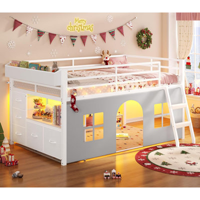 Low Loft Bed Twin Size With Tent, 5 Storage Drawers, Led Lights, Metal Kids Loft Bed With Bookcase & Under-bed Play Space,twin Loft Beds With 13.8''h Safety Guardrail,inclined Ladder
