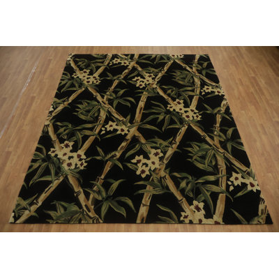 Tapis népalais noir exquis avec fleurs de bambou et fleurs 8 x 10
