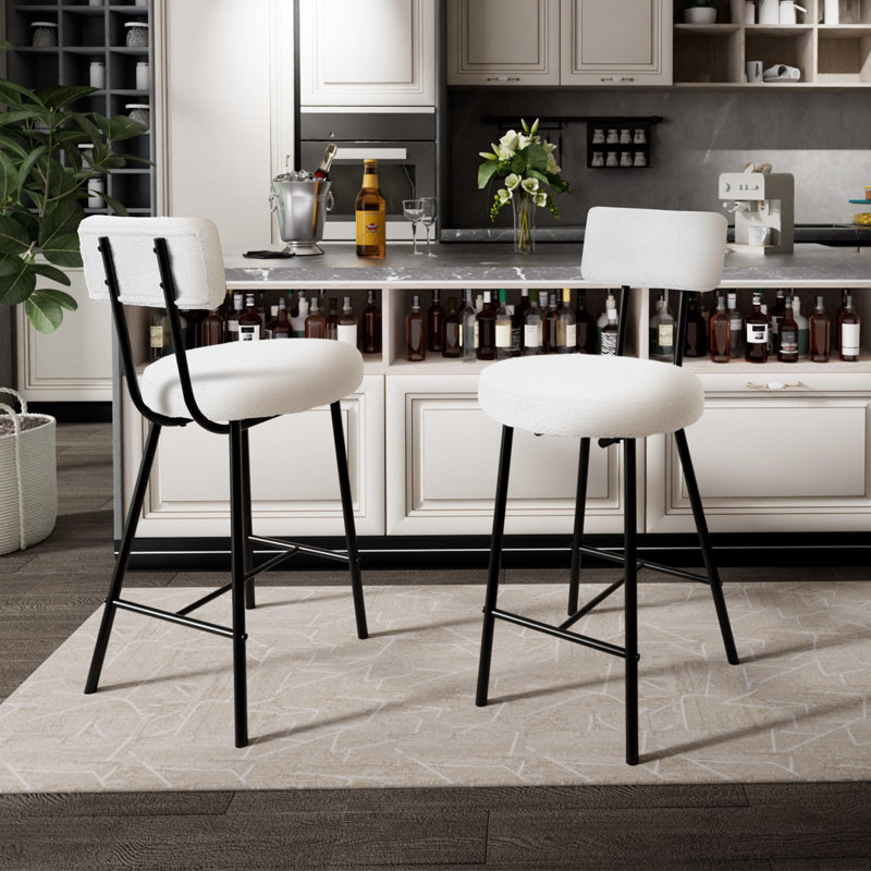 Boucle Upholstered Bar Stools, Modern Counter Height Bar Chairs With High Back, Footrest And Metal Leg, White, 2