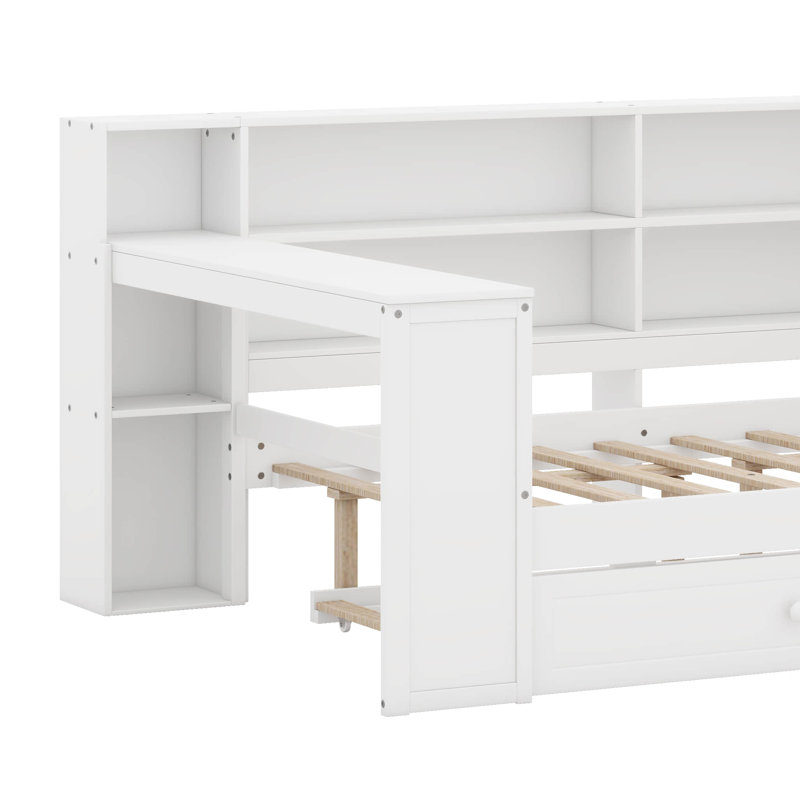 Full Size Platform Bed With Upholstered Headboard, Built-In Desk, 8 Storage Shelves, Pull-Out Trundle, LED Lights
