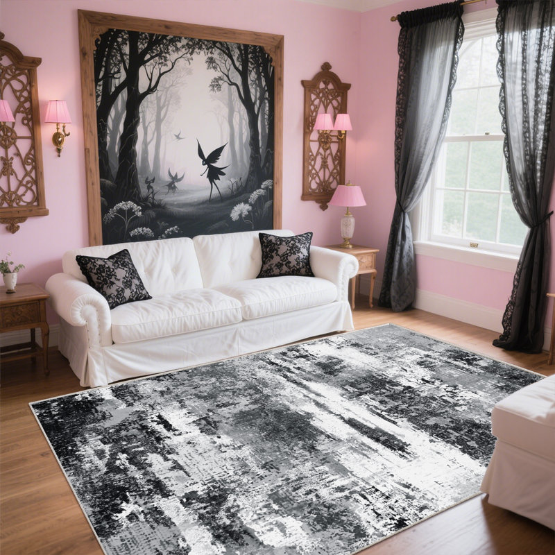 Modern Abstract Area Rug 6x9 Rugs for Living Room, Soft Low Pile Indoor Outdoor Rugs,  Black Large Soft Indoor Washable Rug, Non Slip, Soft Accent Carpet for Bedroom Dining Room Table Home Decor Use
